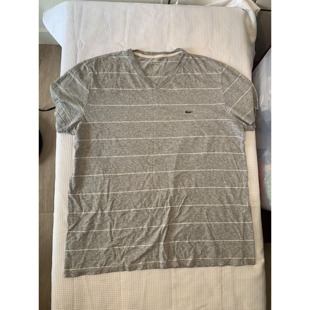 (F-183)Lacoste Men's V-Neck T-Shirt Gray Striped Logo Cotton Size 6 Regular Fit - Picture 2 of 7